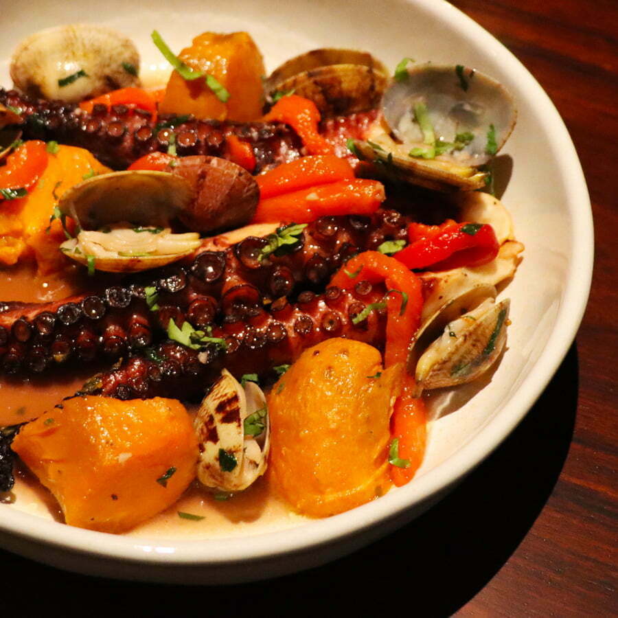 close-up of octopus dish, with potatoes and bell pepper